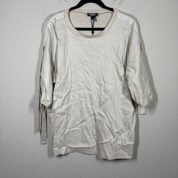 DKNY Womens Size Medium Tie Sleeves Top Tan Linen Rayon Blend Crew Neck Stretch - Picture 1 of 11
